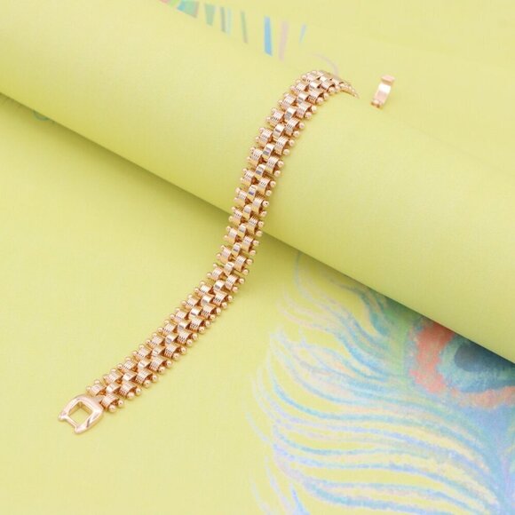 "Elegant Rose Gold Wide Link Bracelet with Beaded Edge Design, XPBL0859 - Picture 7 of 12